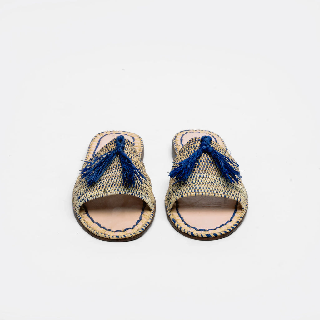 Women's Raffia Tassel Slide Sandals In Natural & Blue