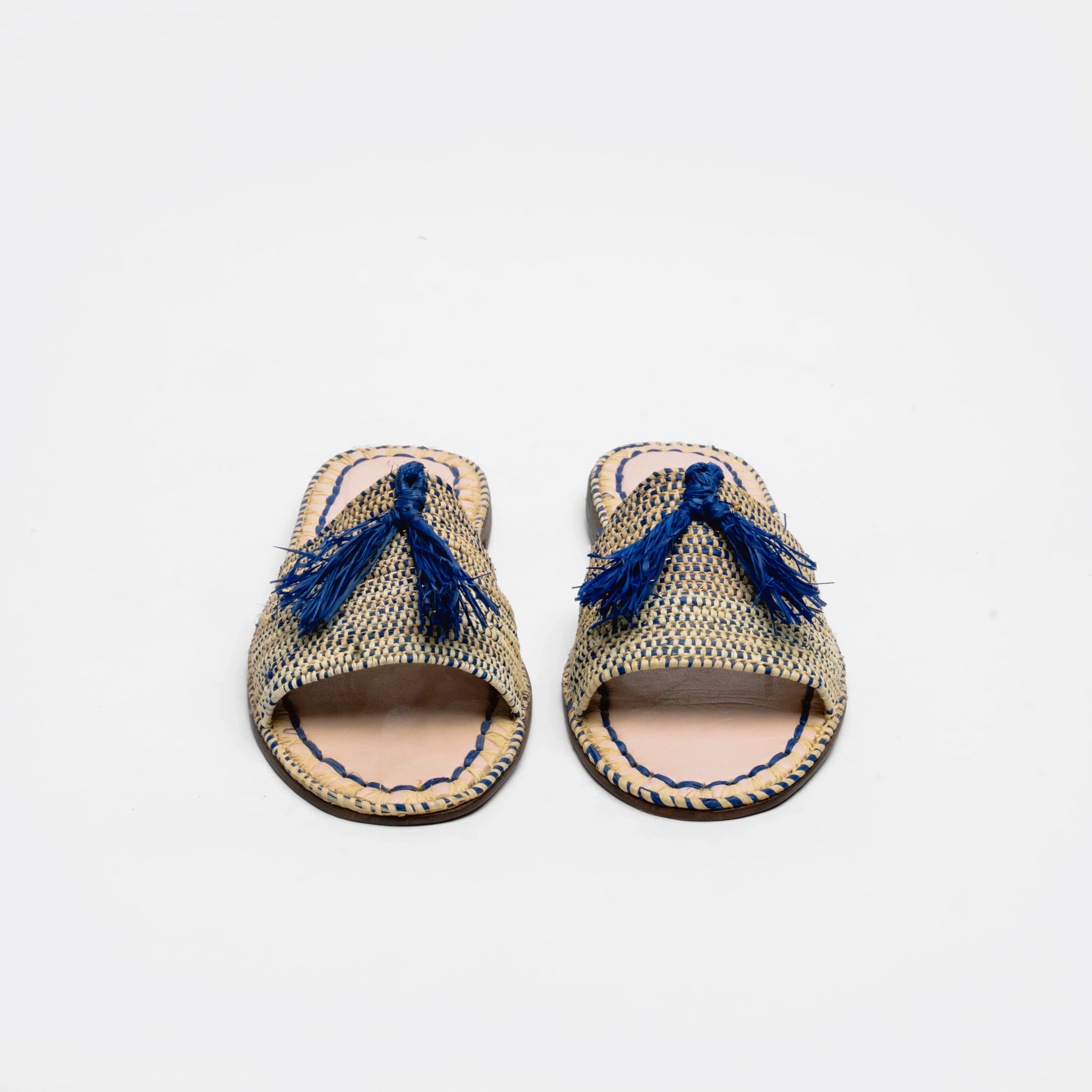 Women's Raffia Tassel Slide Sandals In Natural & Blue