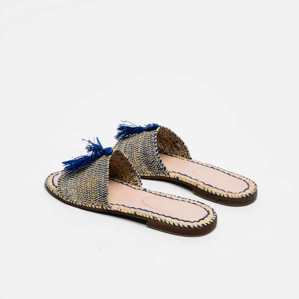 Women's Raffia Tassel Slide Sandals In Natural & Blue