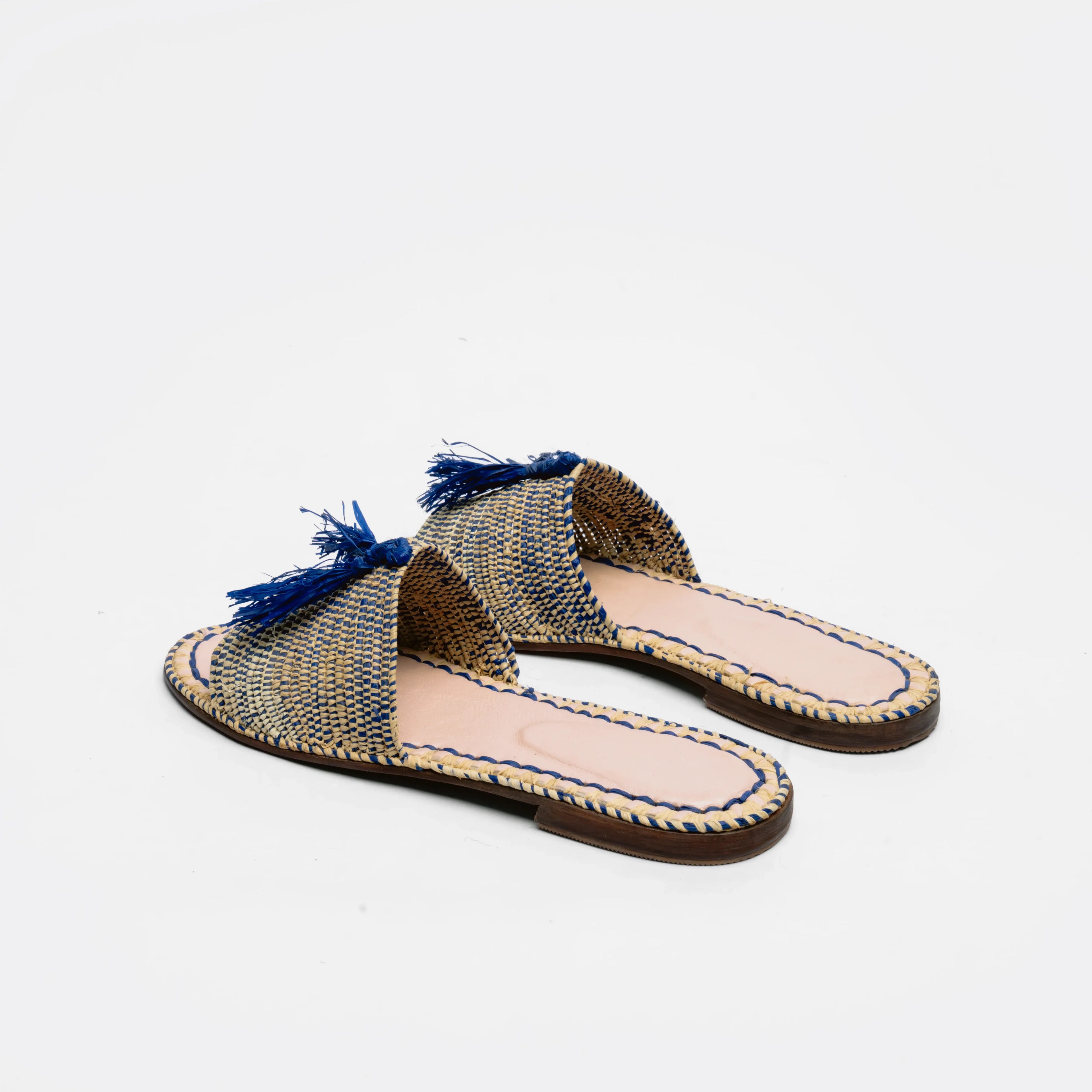 Women's Raffia Tassel Slide Sandals In Natural & Blue