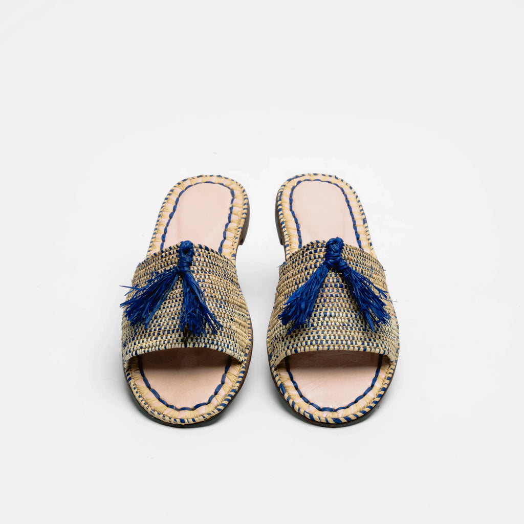Women's Raffia Tassel Slide Sandals In Natural & Blue