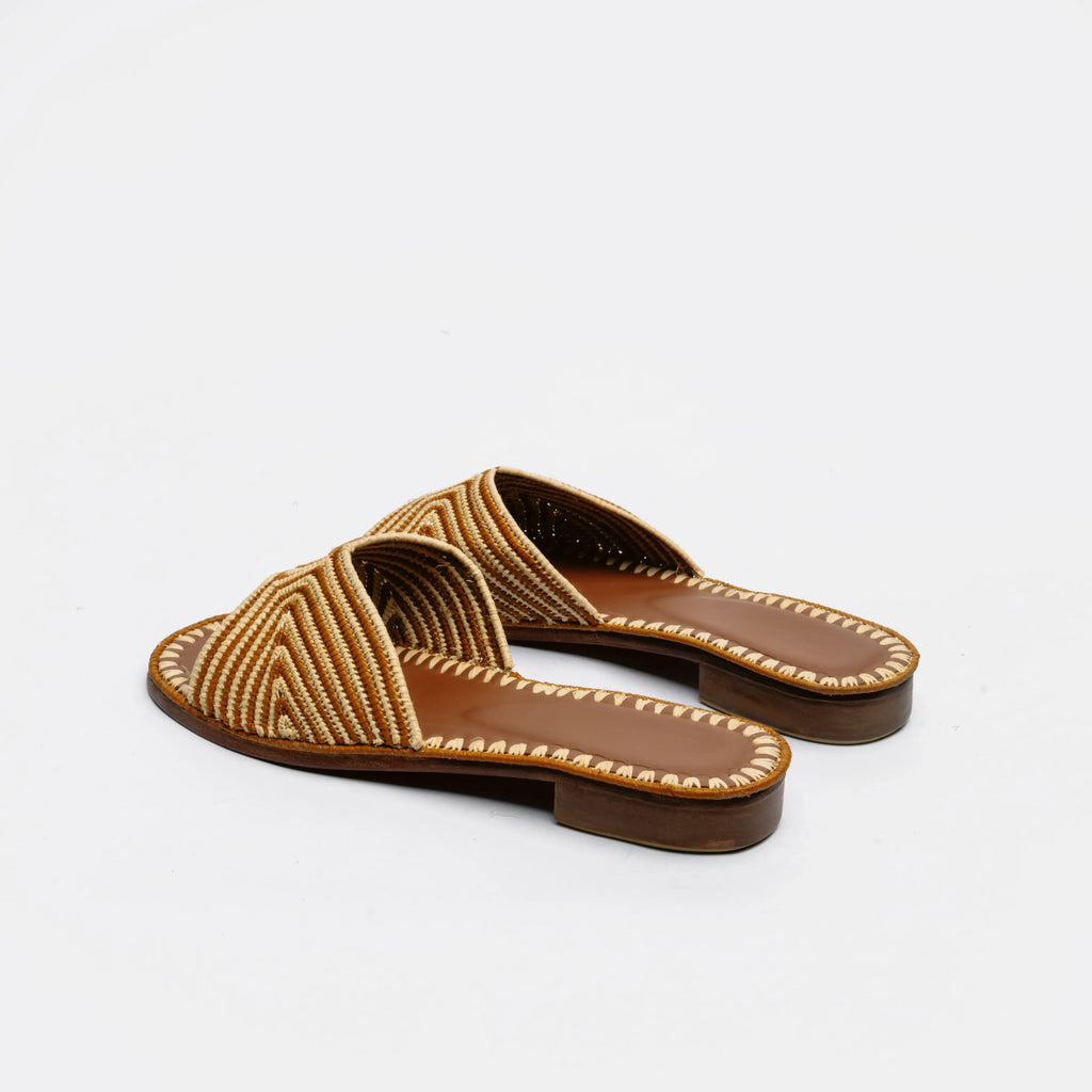 A pair of women's flat slide sandals with woven tan and brown straps, shown from a side angle on a light gray background.
