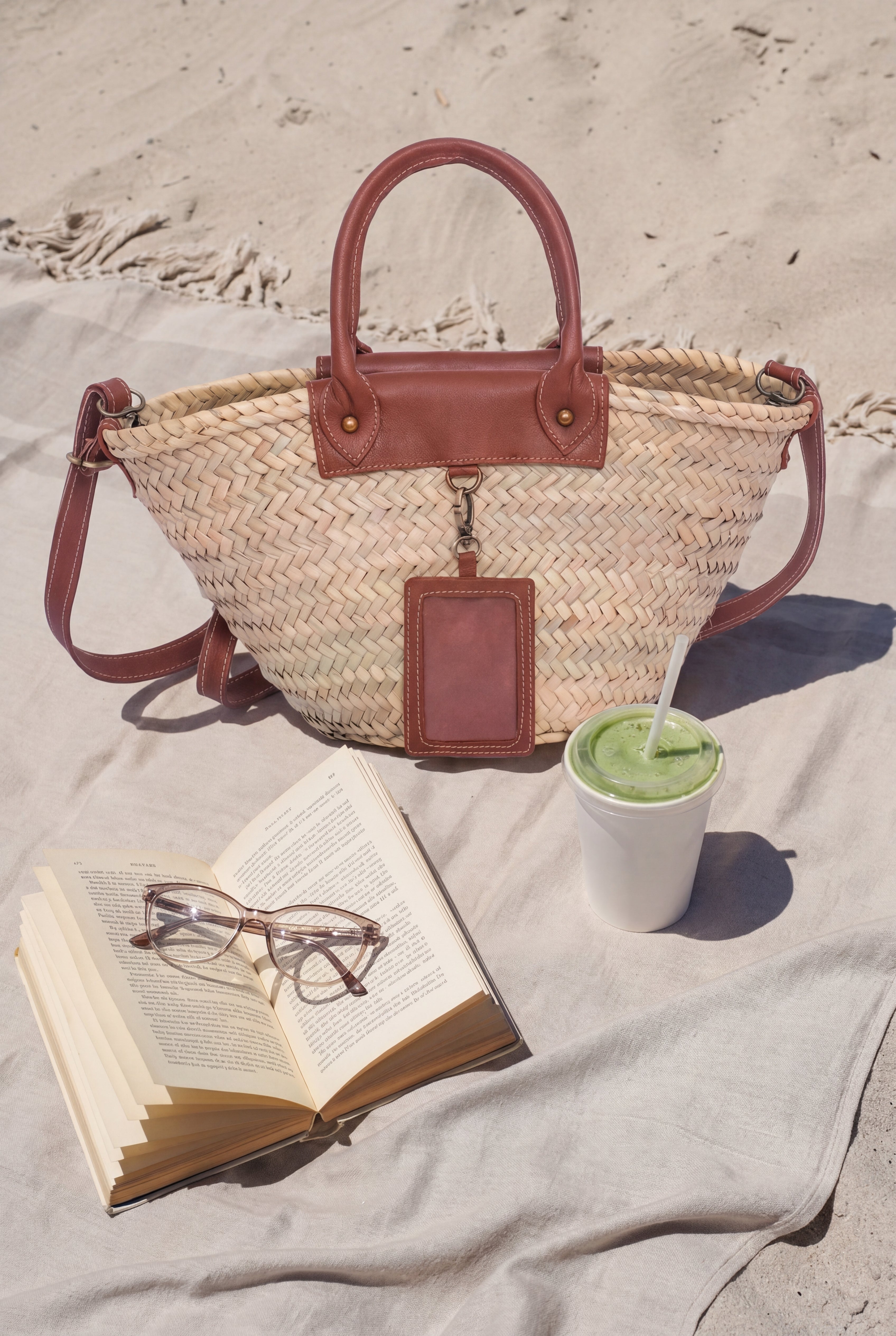 Woven bag, open book with glasses, and green smoothie on a sandy surface