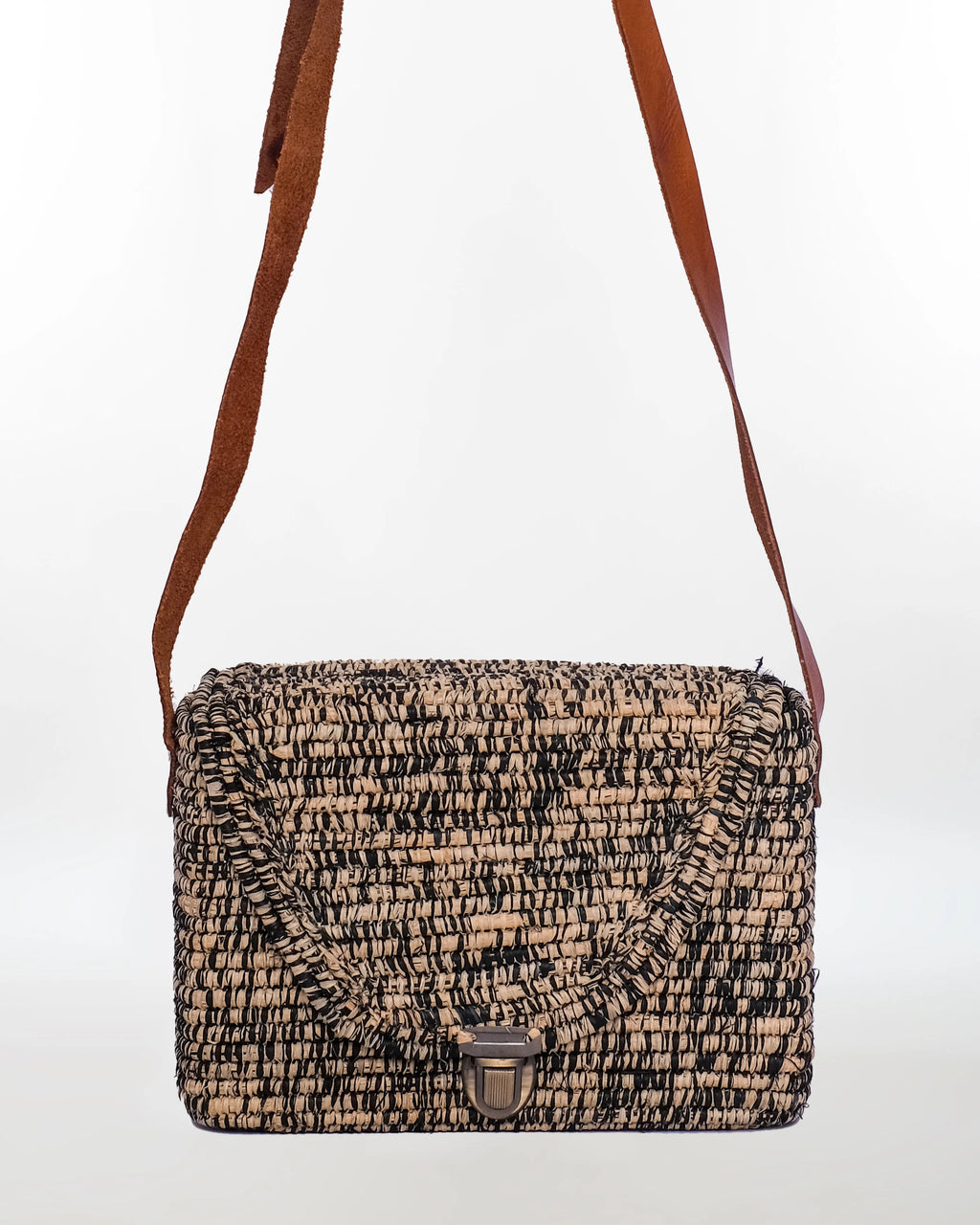 Woven Raffia Crossbody Bag — Black Leather