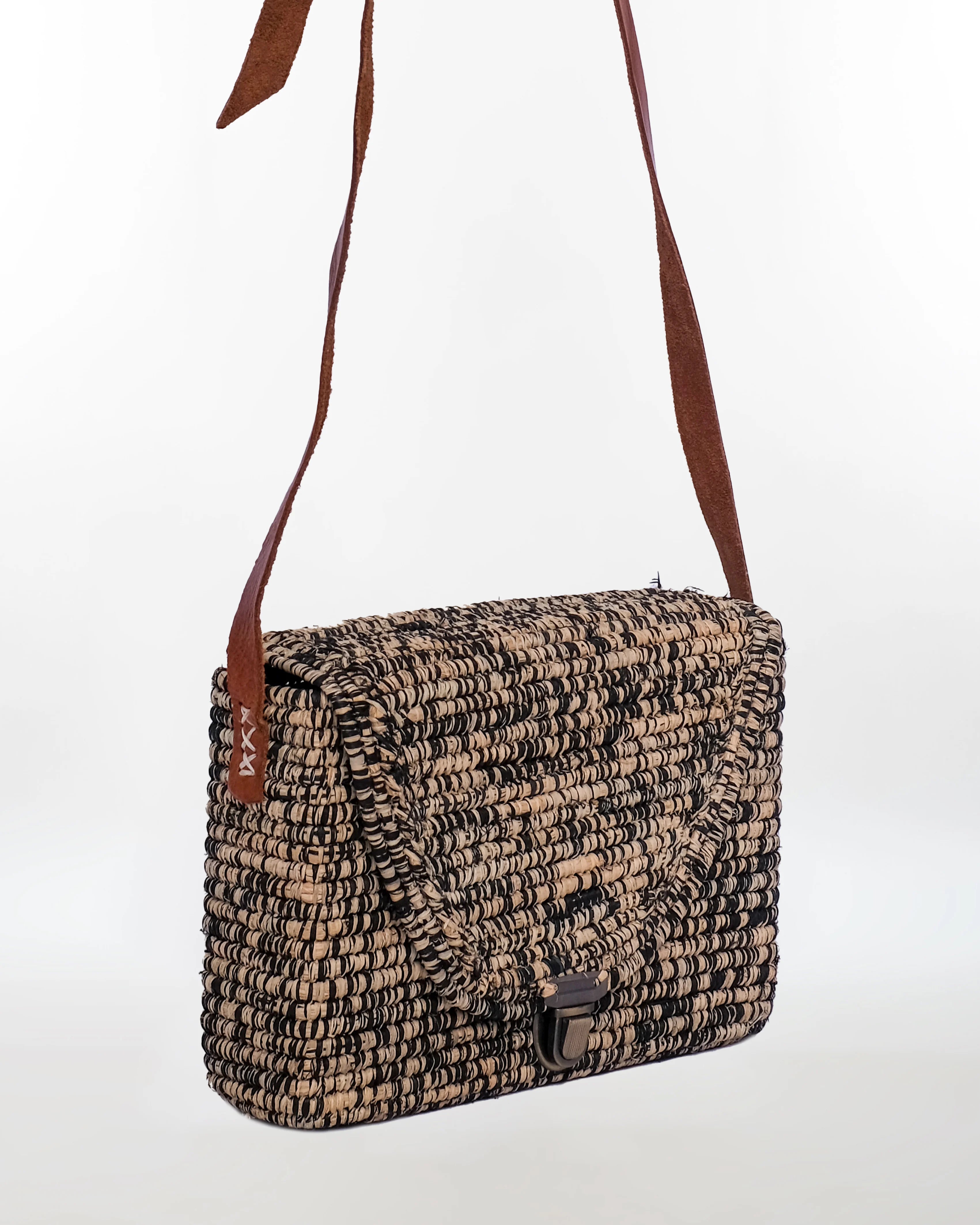 Woven Raffia Crossbody Bag — Black Leather